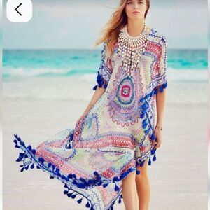 Lightweight Sheer Colorful Maxi Dress Swim Coverup, Blue Tassels, OS